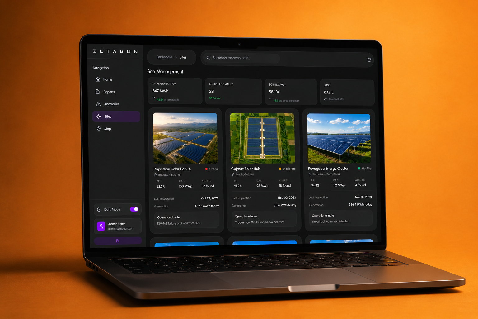 Zetagon renewable energy site management — portfolio asset listing and status overview